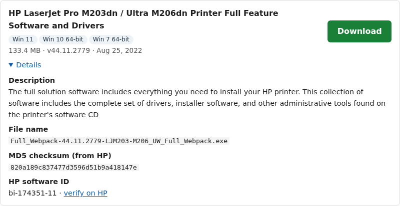 Details panel on a DriverPrinter download showing the file name and HP's MD5 checksum